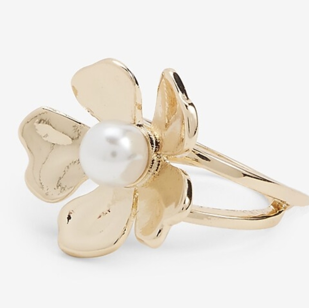 Express Pearl Embellished Flower Statement Ring, Size 6